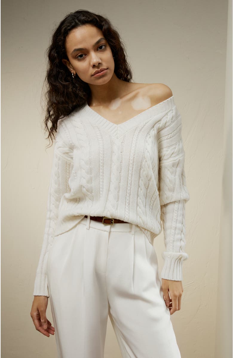 Lilysilk Women's Cable-Knit Wool-Cashmere Blend Sweater, Alternate, color, White
