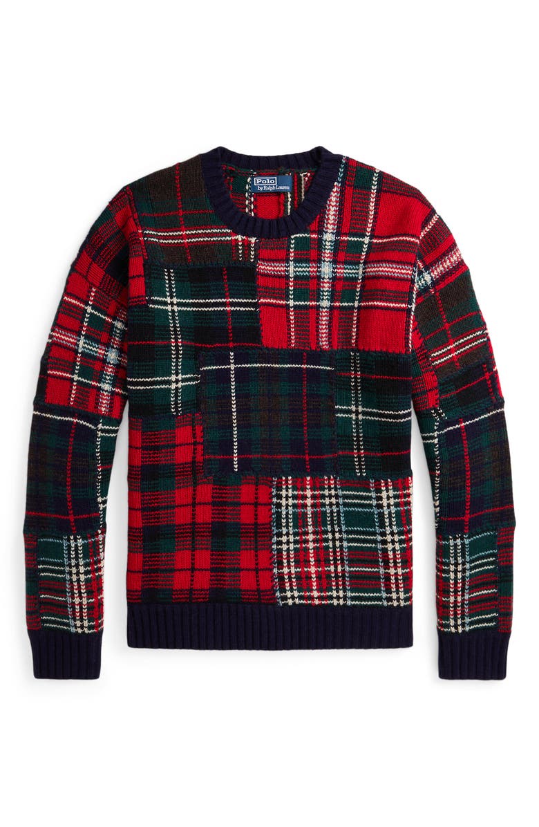 Polo Ralph Lauren Patchwork Plaid Wool Blend Sweater, Alternate, color, Navy Combo