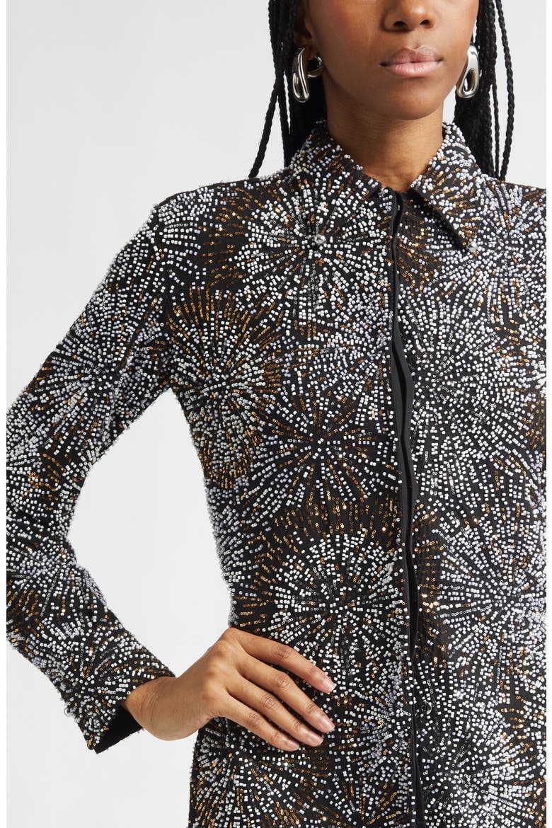 Firework Embellished Crepe Button-Up Shirt, Alternate, color, BLACK