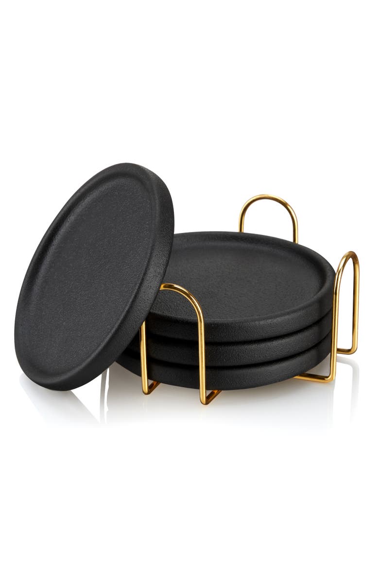 Earthenware Coasters with Stand Set of 4, Alternate, color, Black