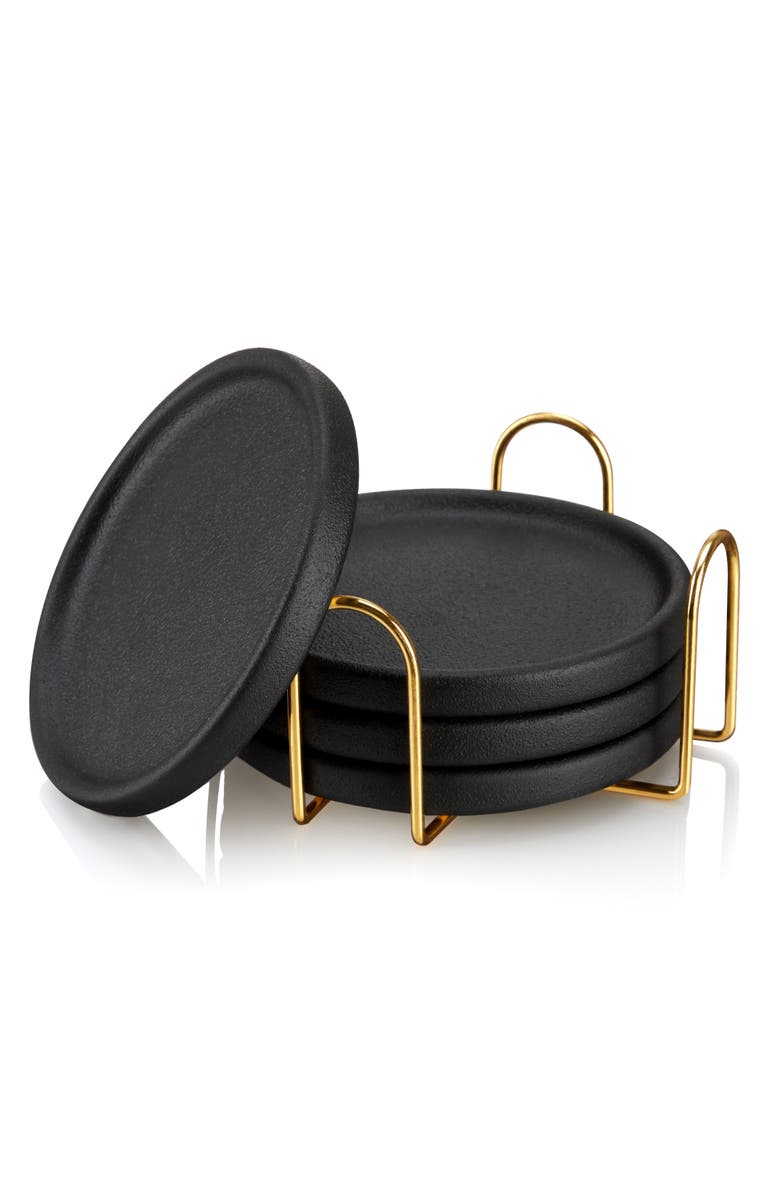 Viski Earthenware Coasters with Stand Set of 4, Alternate, color, Black