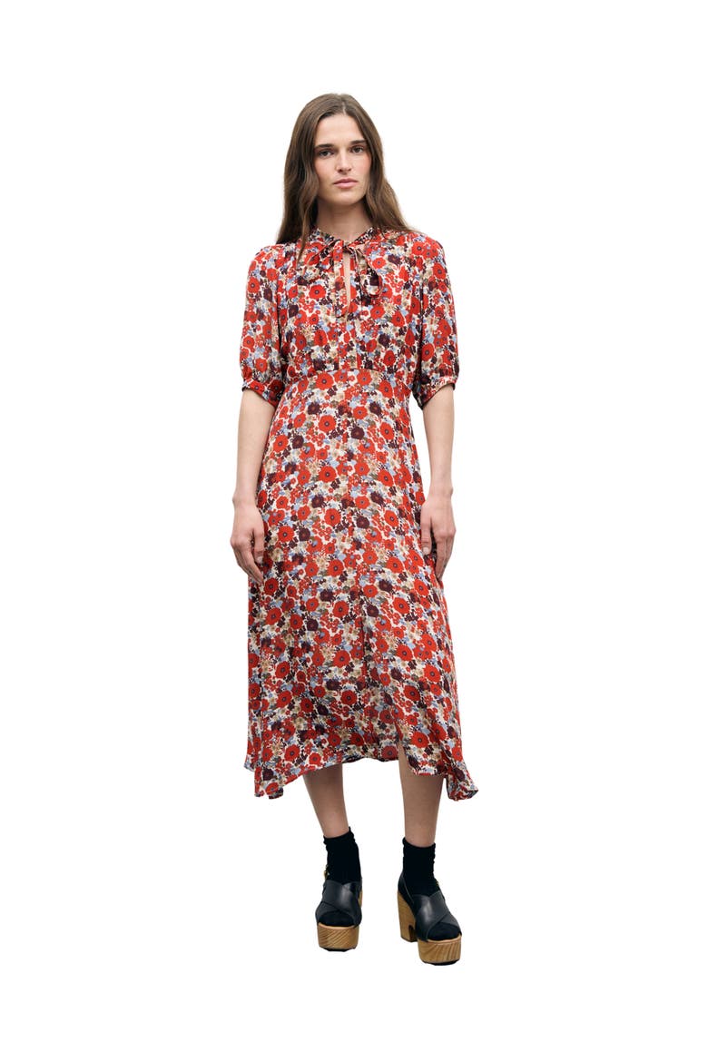 Coco Tie Neck Midi Dress, Alternate, color, Ecru