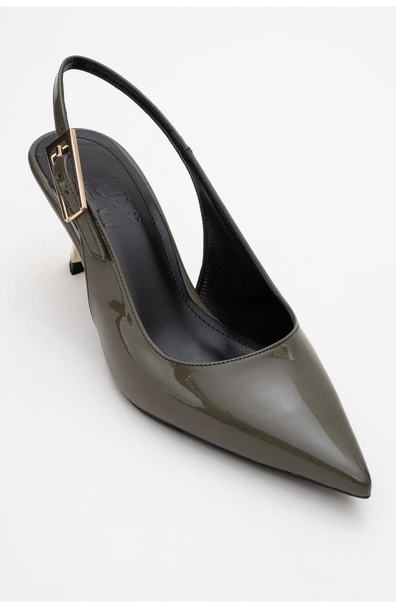 Prologue Shoes Arty Pointed Toe Slingback Pump, Main, color, Khaki Patent