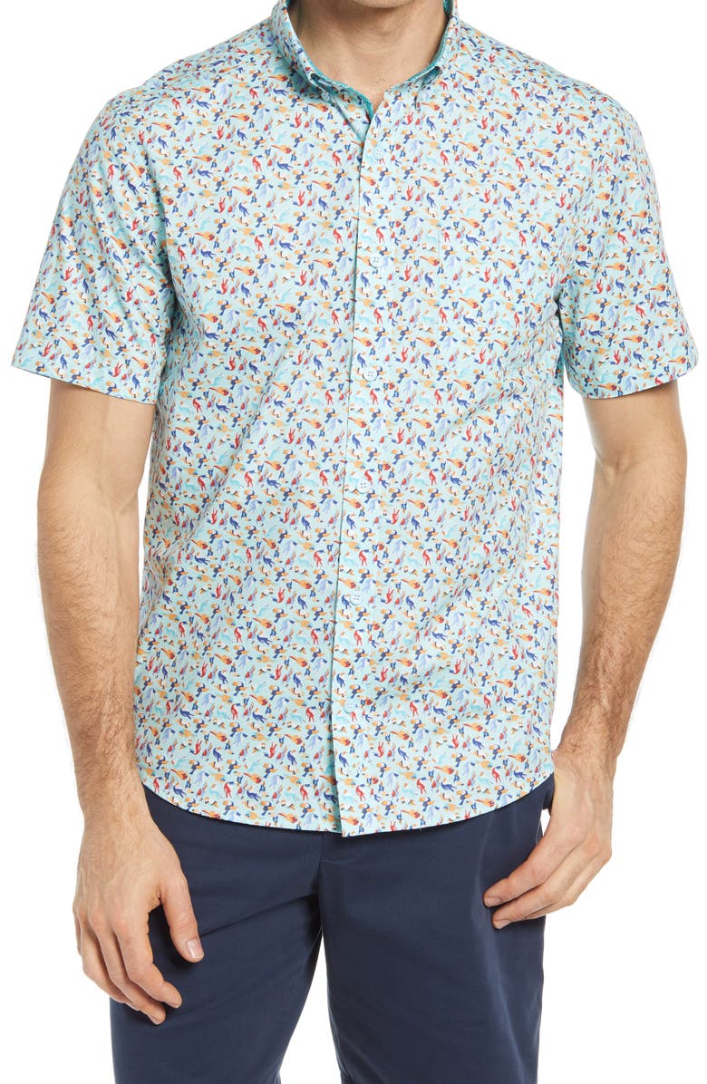 Johnston & Murphy Toucan Print Short Sleeve Button-Down Shirt, Main, color, 