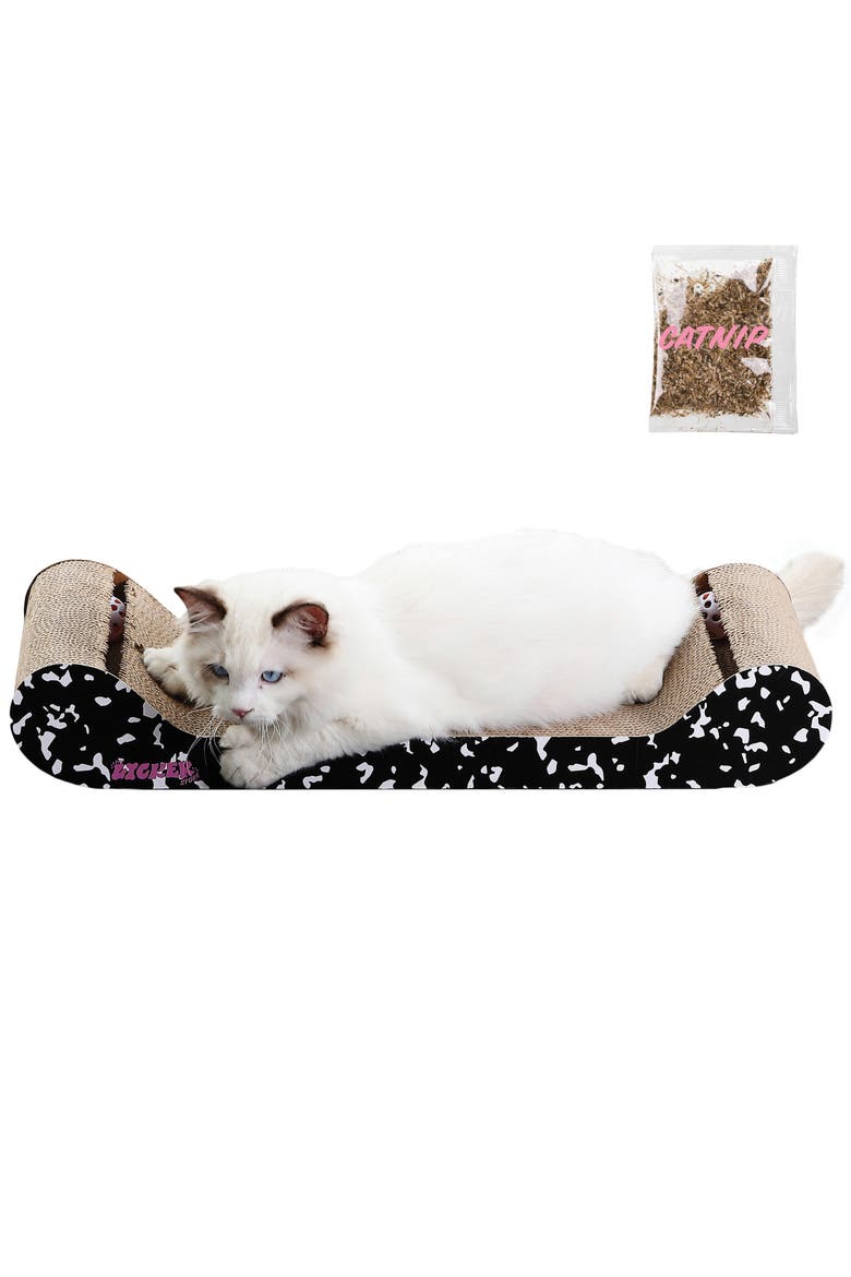Rini Modern Cardboard Lounge Bed Cat Scratcher with Built-In Bell Toys and Catnip, Main, color, Black/White