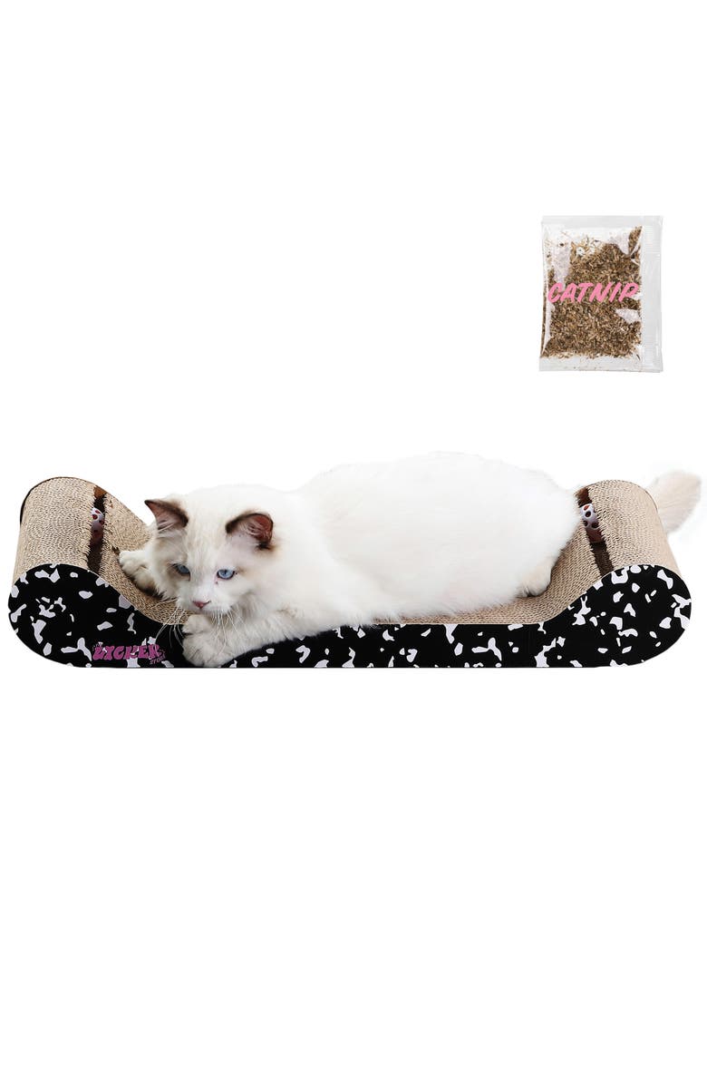 The Licker Store Rini Modern Cardboard Lounge Bed Cat Scratcher with Built-In Bell Toys and Catnip, Main, color, Black/White