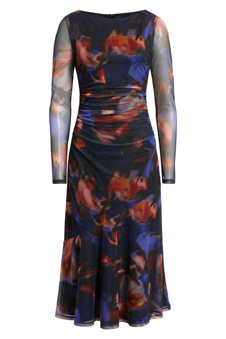 Printed Long Sleeve Mesh Midi Cocktail Dress, Alternate, color, BLUE/ BLACK/ RED