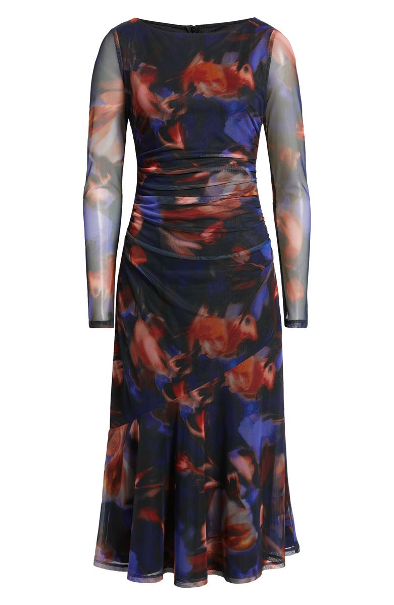 Vince Camuto Printed Long Sleeve Mesh Midi Cocktail Dress, Alternate, color, Blue/ Black/ Red