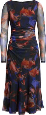 Vince Camuto Printed Long Sleeve Mesh Midi Cocktail Dress