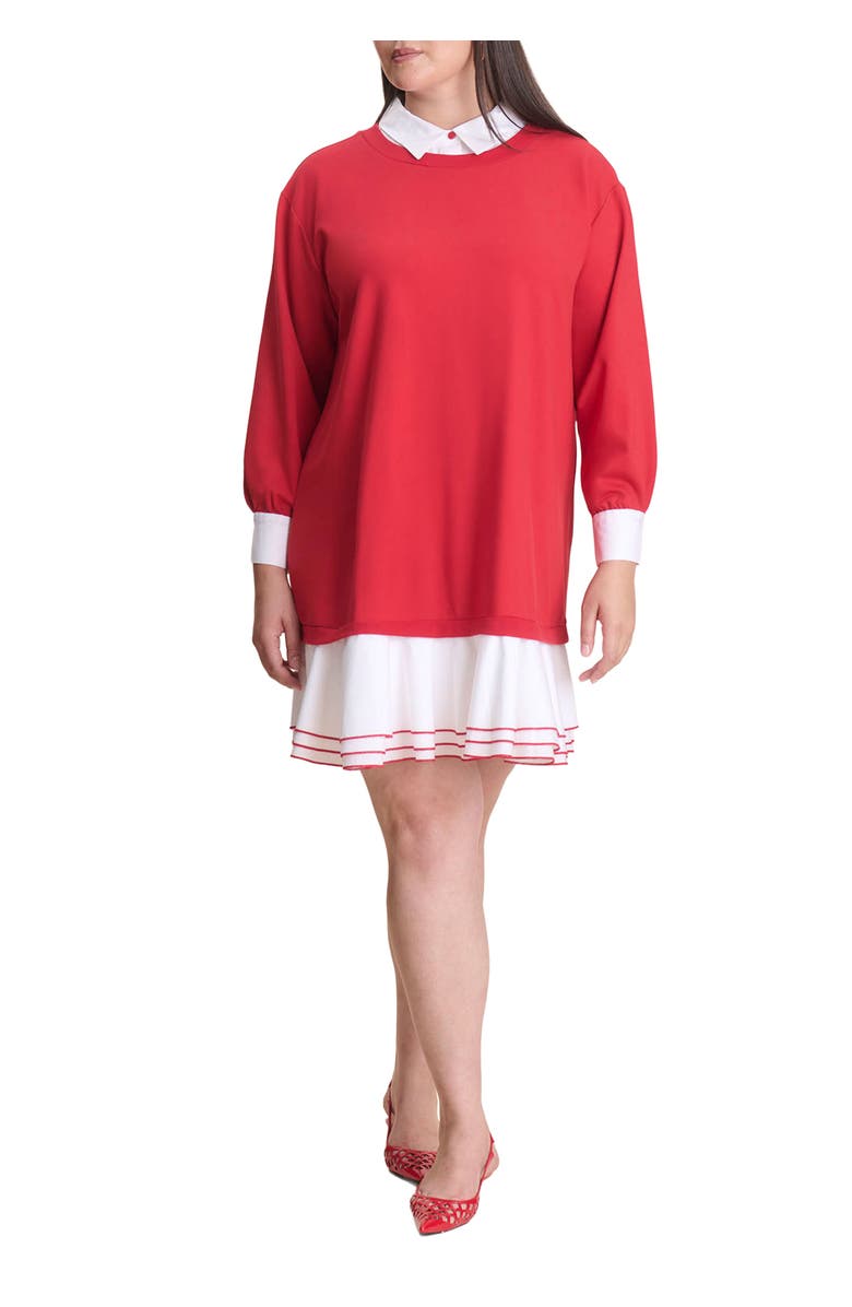 ELOQUII Twofer Mini Shirt Dress, Main, color, Savvy Red Bright White
