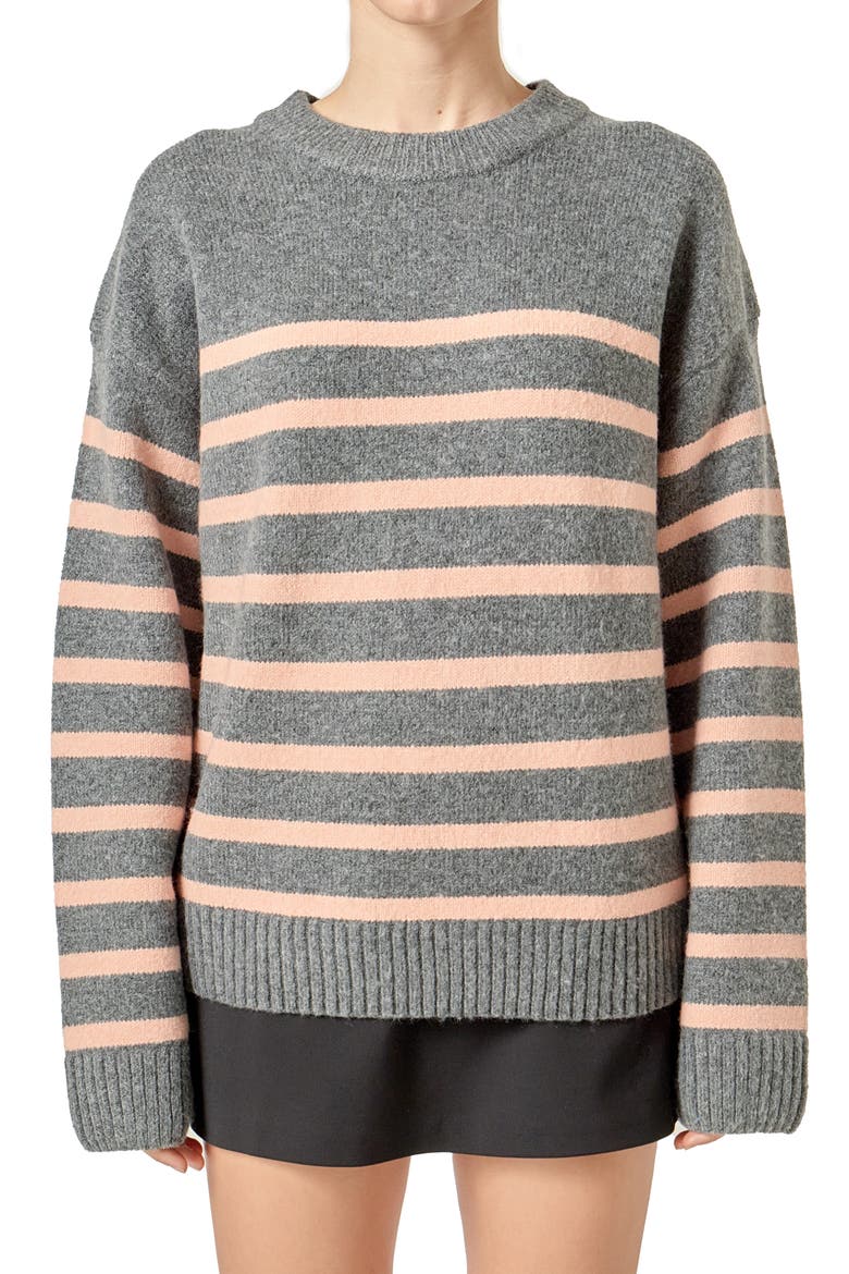 Stripe Crewneck Sweater, Alternate, color, HEATHER GREY/ SALMON