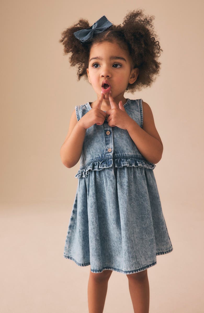 NEXT Kids' Ruffle Cotton Denim Dress, Alternate, color, Blue