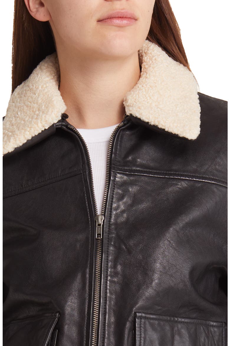 Leather Bomber Jacket with Removable Faux Shearling Trim, Alternate, color, BLACK