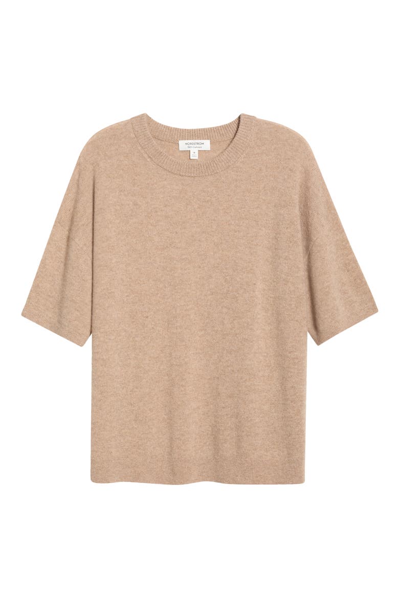 Short Sleeve Cashmere Sweater, Alternate, color, TAN CAMEL DARK HEATHER