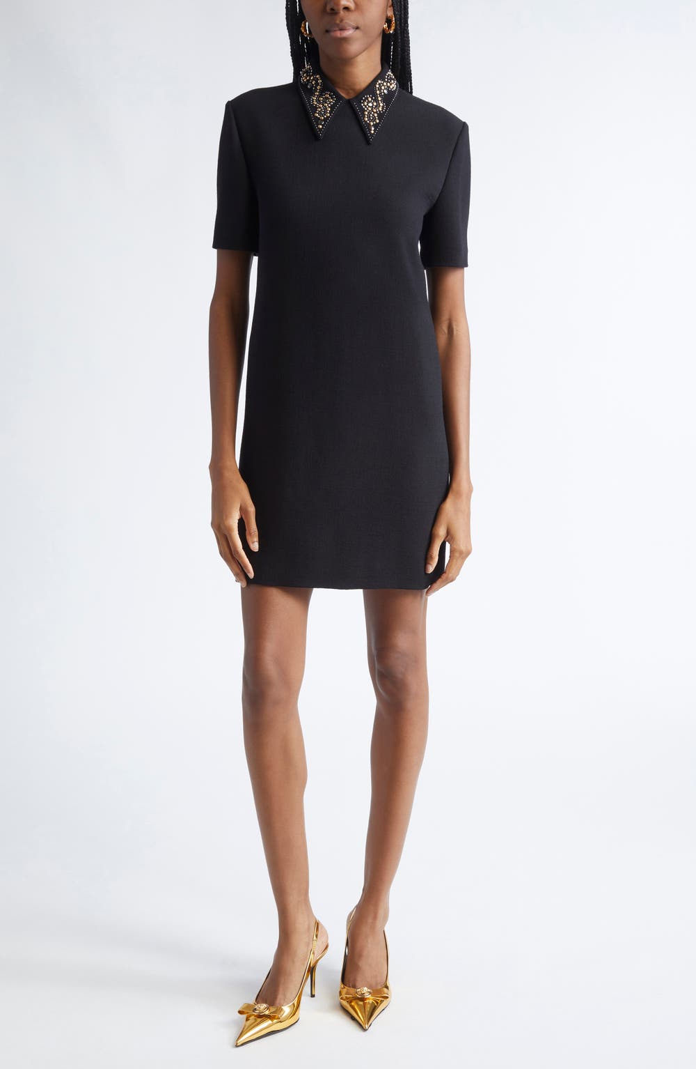 Studded Collar Wool Crepe Minidress, color, BLACK