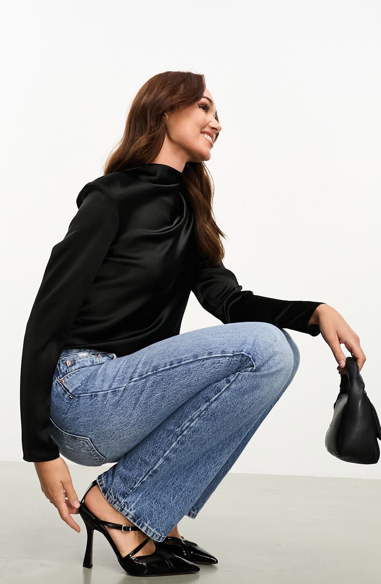 ASOS DESIGN Shoulder Pad Long Sleeve Stretch Satin Top, Alternate, color, 