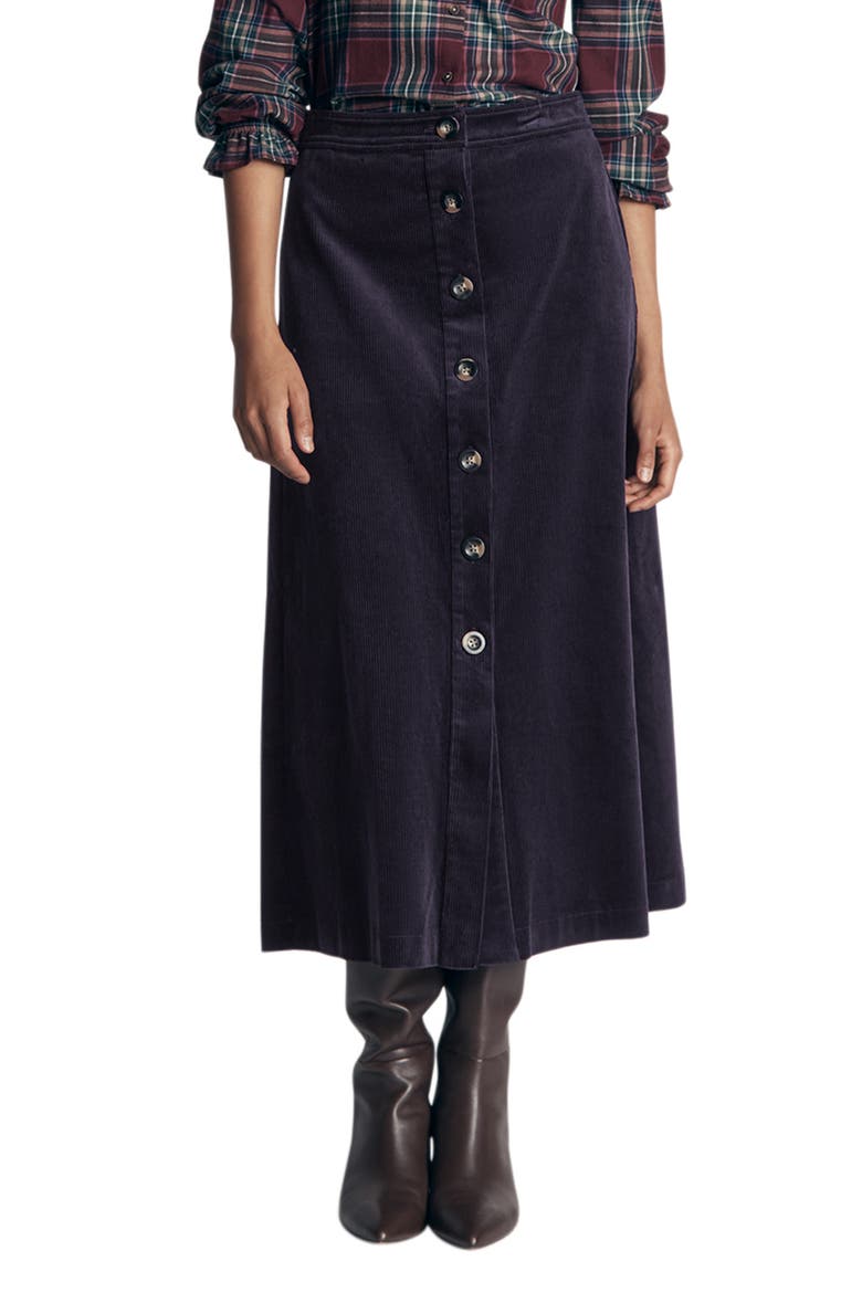 Val Button Front Corduroy Midi Skirt, Main, color, NAVY