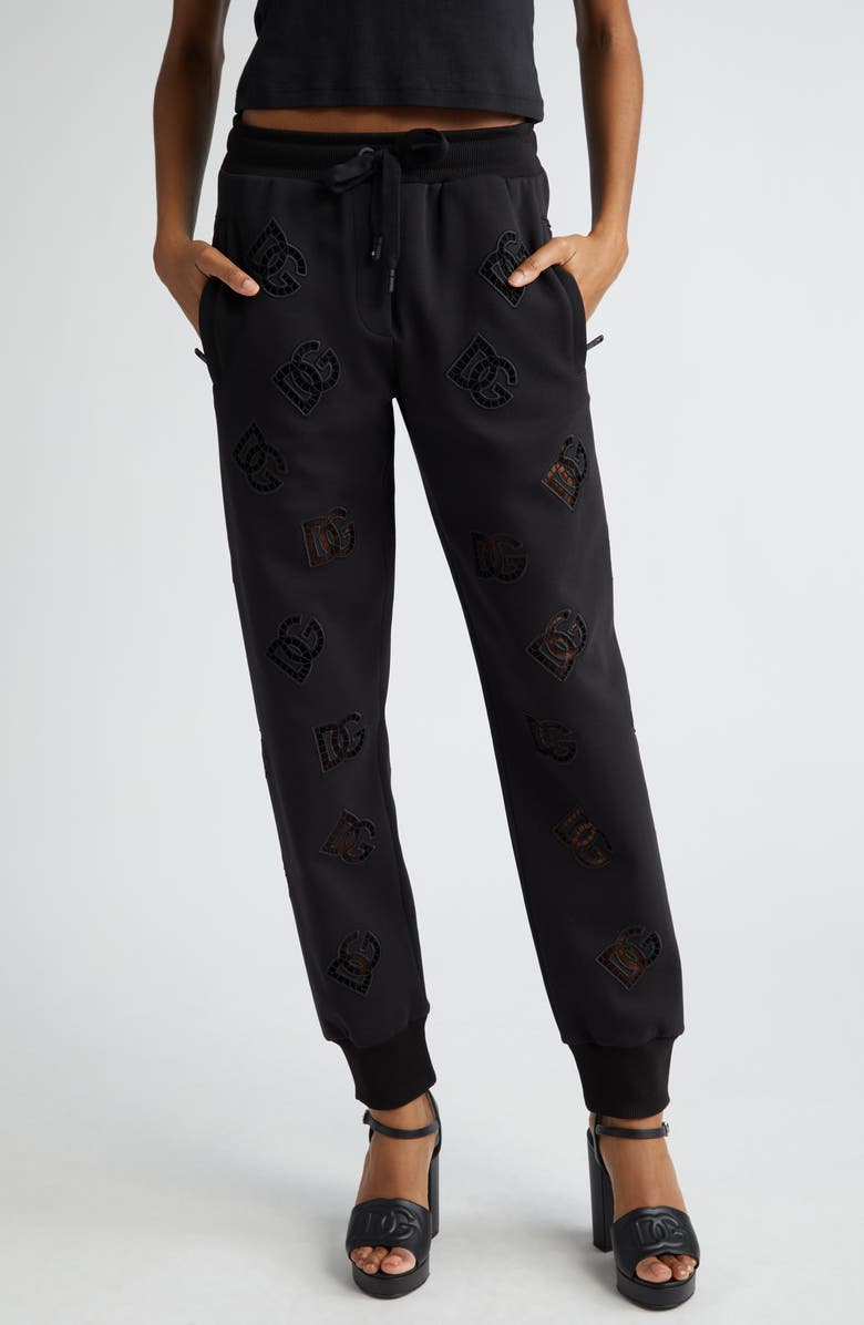 Dolce&Gabbana Eyelet Logo Cotton Blend Joggers, Main, color, N0000nero