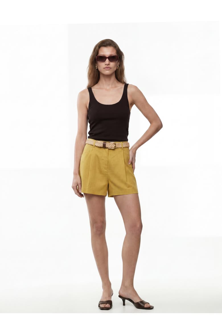 Linen Blend High Rise Pleated Shorts with Belt, Main, color, KHAKI