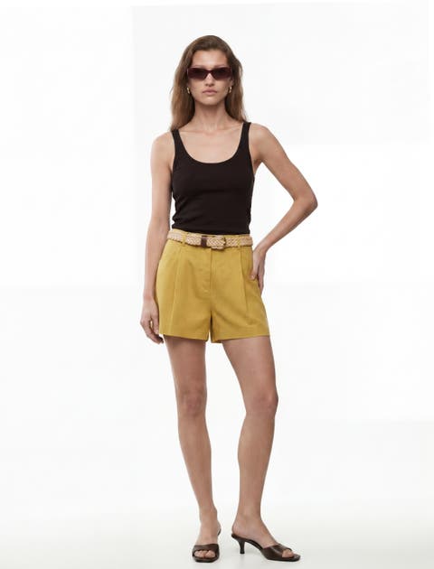 Linen Blend High Rise Pleated Shorts with Belt