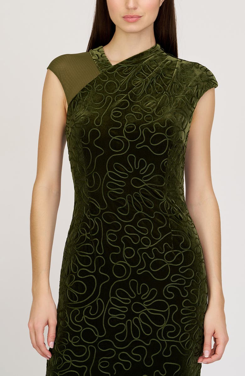 JS Collections Emiliana Asymmetric Velvet Midi Dress, Alternate, color, Ivy Green