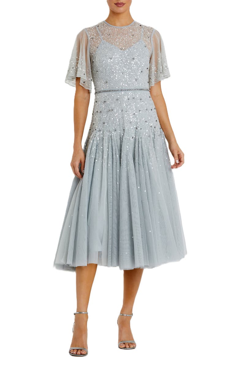 Mac Duggal Floral Mesh Long Sleeve Micro Ruffle Mini Dress, Main, color, Powder Blue