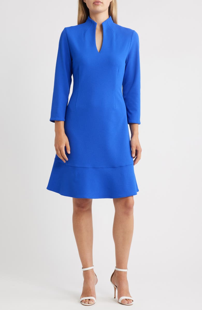 Ming Wang Long Sleeve Stretch Crepe Fit & Flare Dress, Main, color, Sapphire Sea