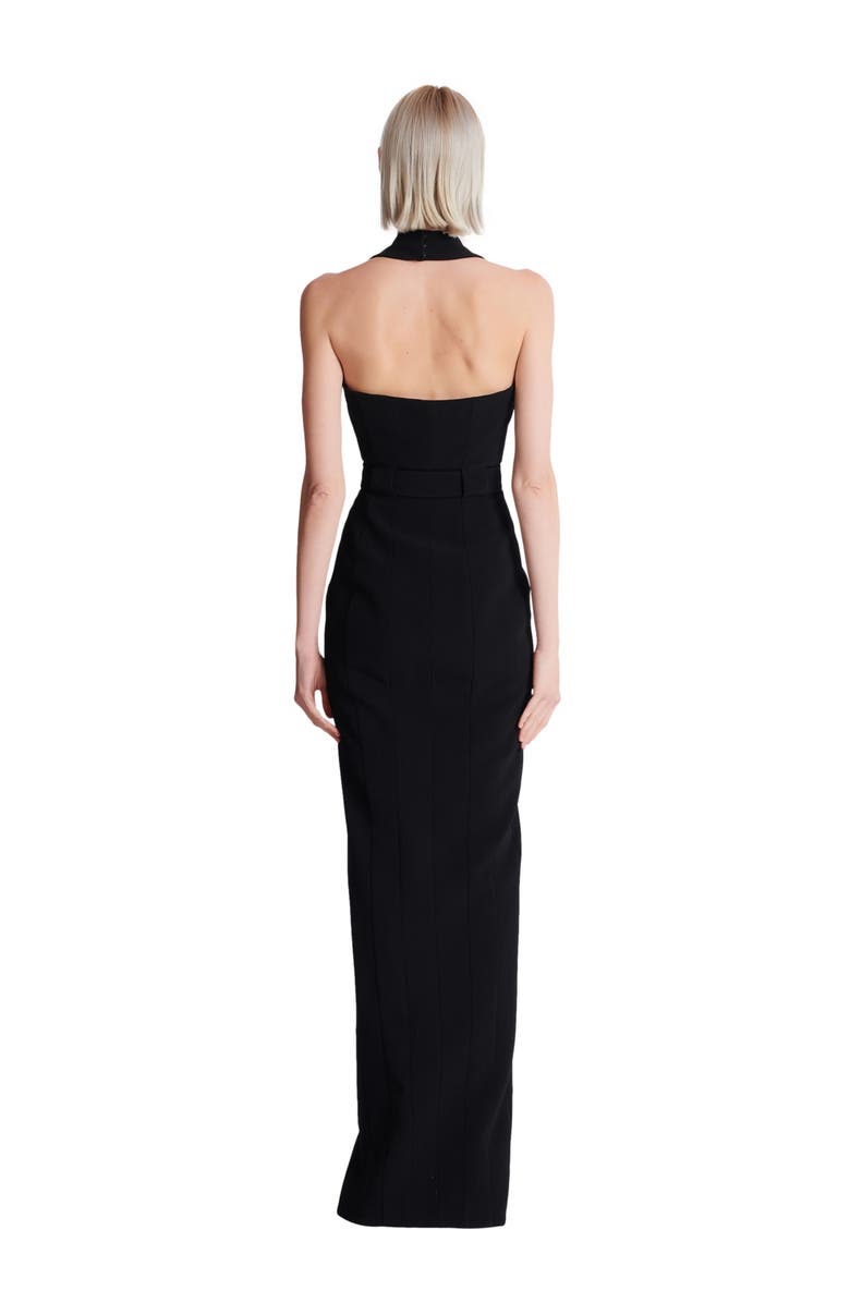 Balmain Long crepe dress with belt, Alternate, color, Black