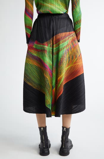 Pleats Please Issey Miyake Spectrum Print Pleated Midi Skirt