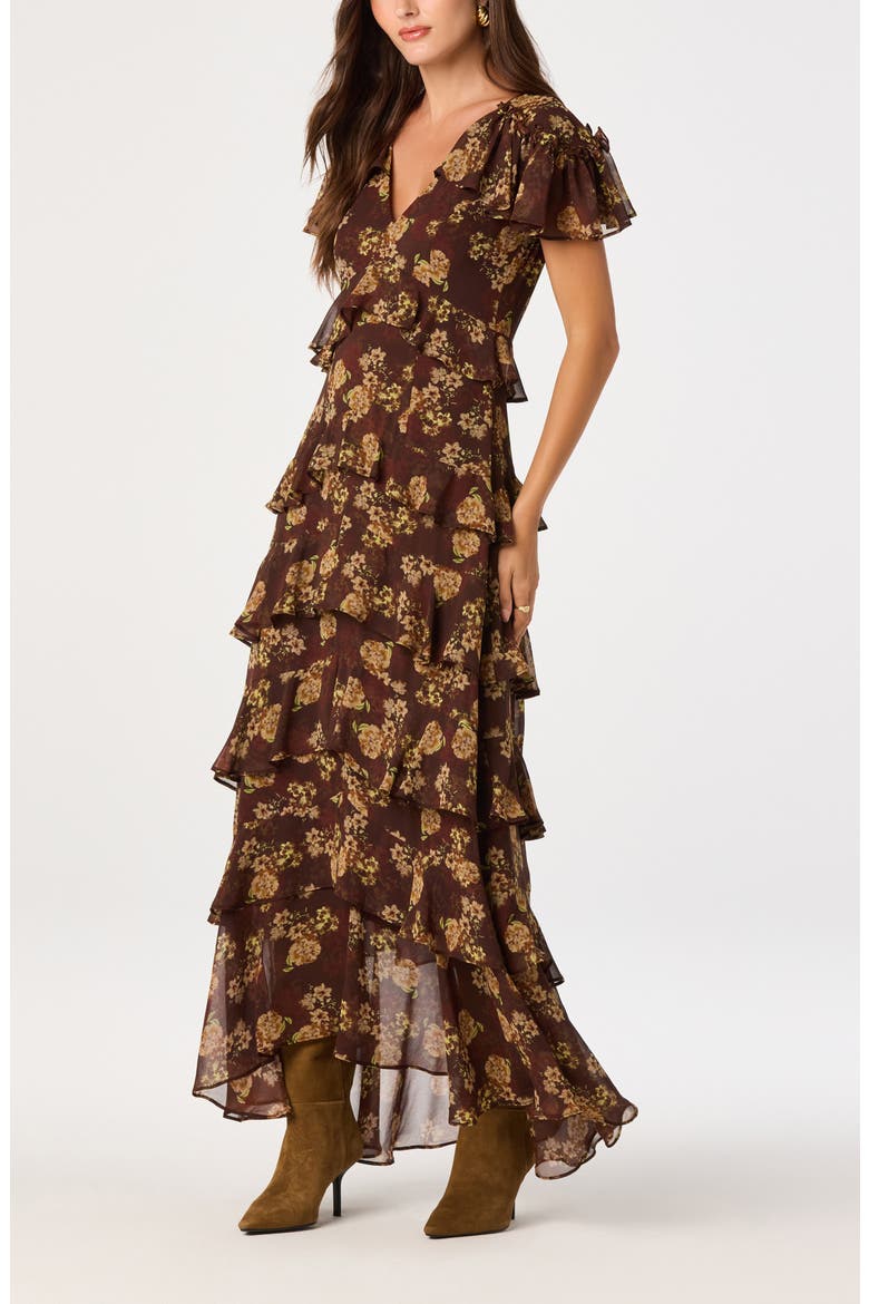 Odalys Ruffle Tiered Maxi Dress, Alternate, color, BROWN FLORAL