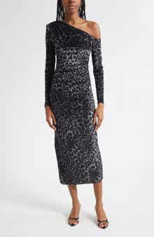 Anastasia Leopard Spot Velvet Burnout One-Shoulder Midi Dress