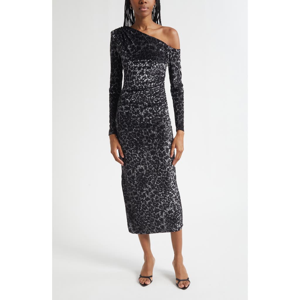Ramy Brook Anastasia Leopard Spot Velvet Burnout One-shoulder Midi Dress In Black