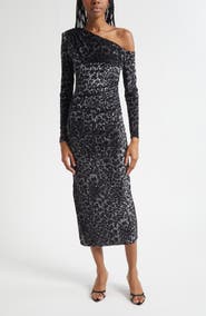 Ramy Brook Anastasia Leopard Spot Velvet Burnout One-Shoulder Midi Dress
