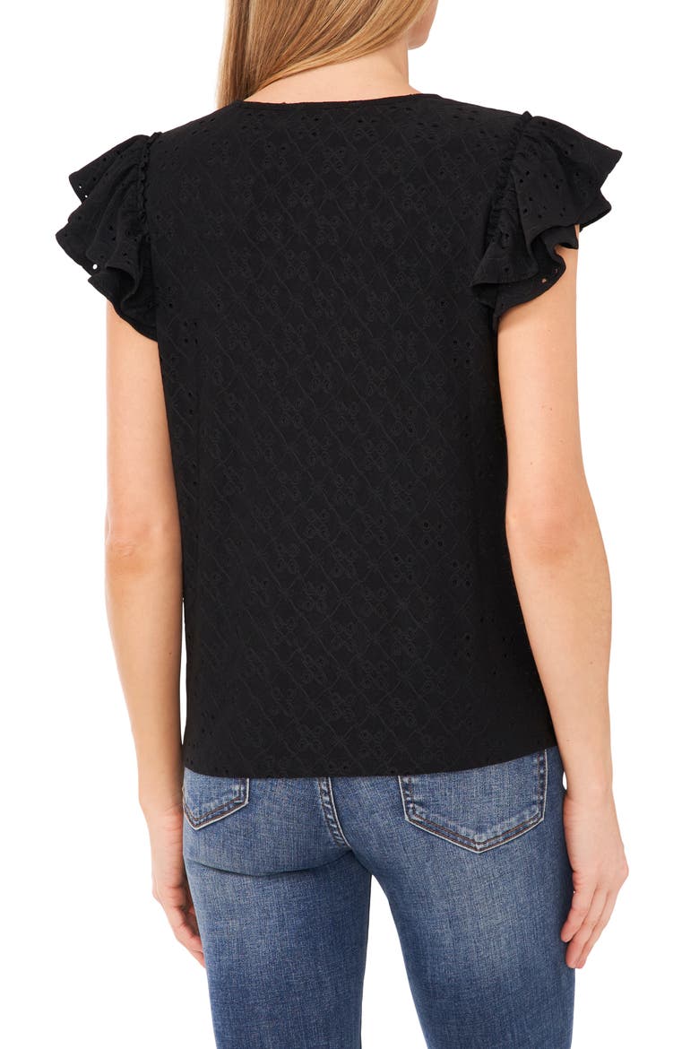 Double Ruffle Sleeve Eyelet Knit Top, Alternate, color, RICH BLACK