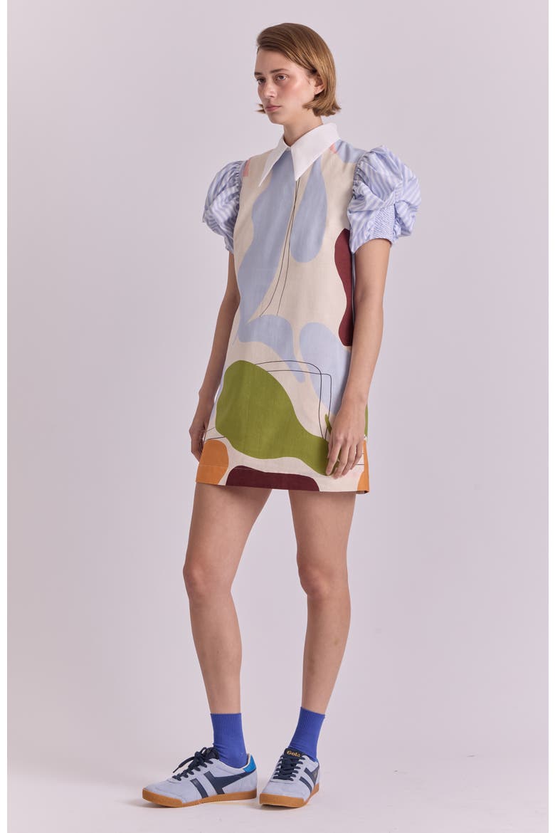 Coraza Cocktail V-Neck Mini Cotton Dress, Alternate, color, Hojas White Print
