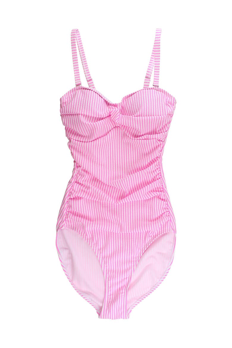 UPF50+ Seersucker Women's Convertible Bandeau One Piece Swimsuit, Main, color, Neon Pink Seersucker