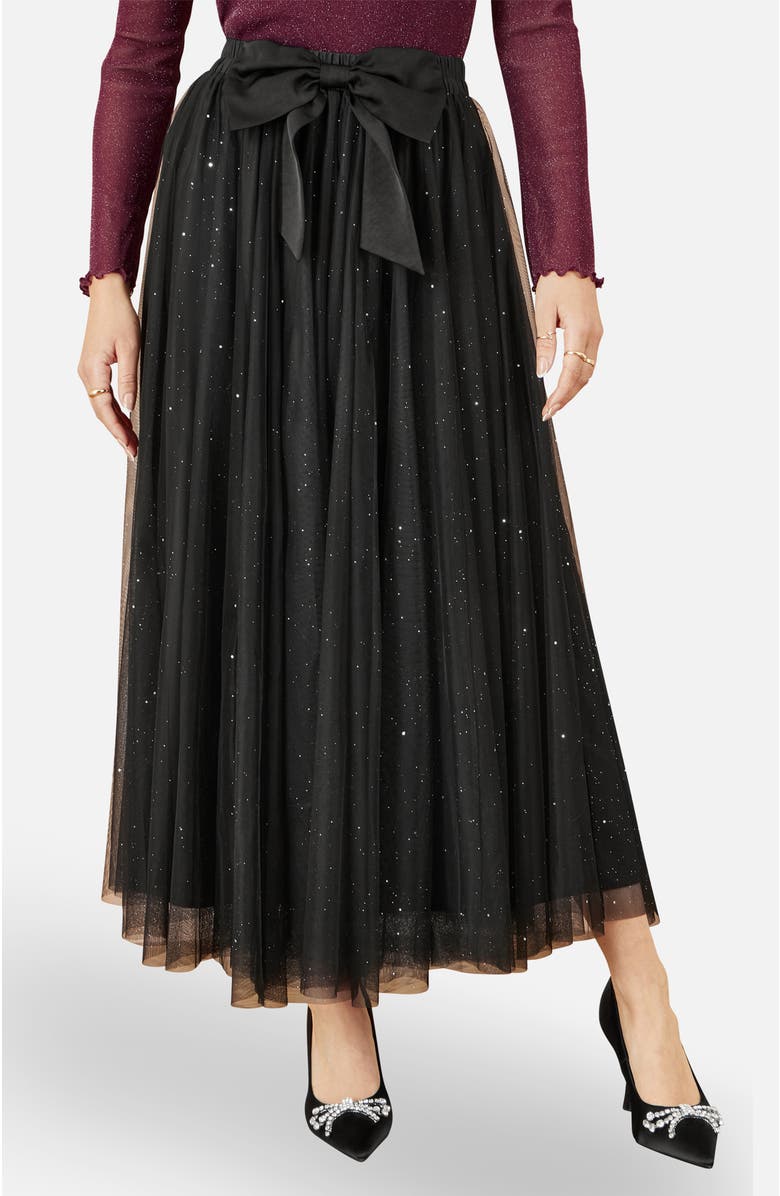 Yumi Sparkle Mesh Tulle Skirt With Satin Bow, Main, color, Black