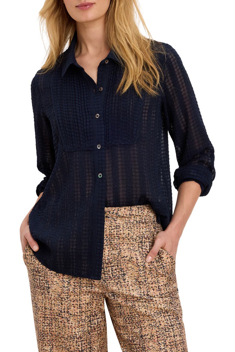 Chiffon Jacquard Tuxedo Shirt, Main, color, DARK INDIGO