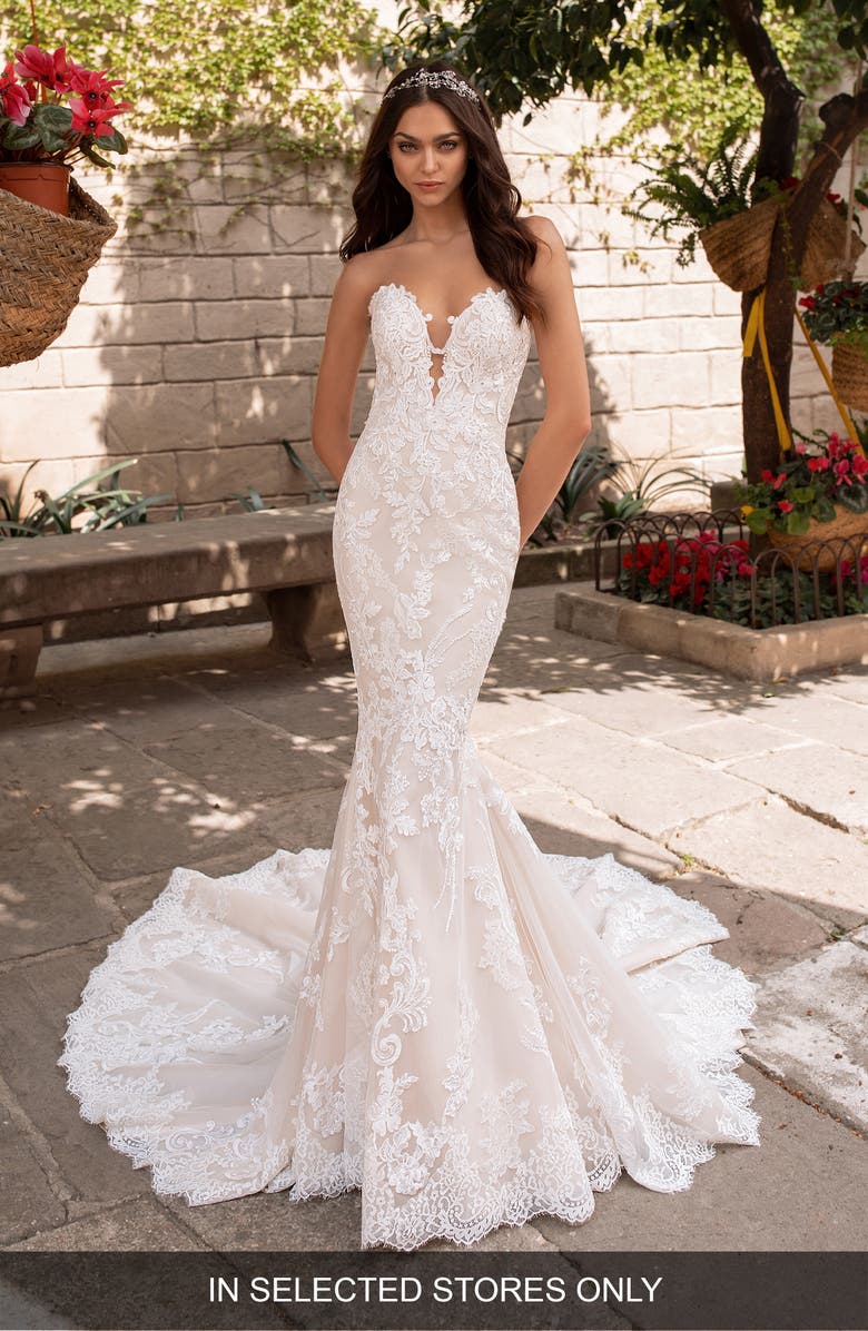 Pronovias Aegir Strapless Lace Mermaid Wedding Dress, Main, color, 