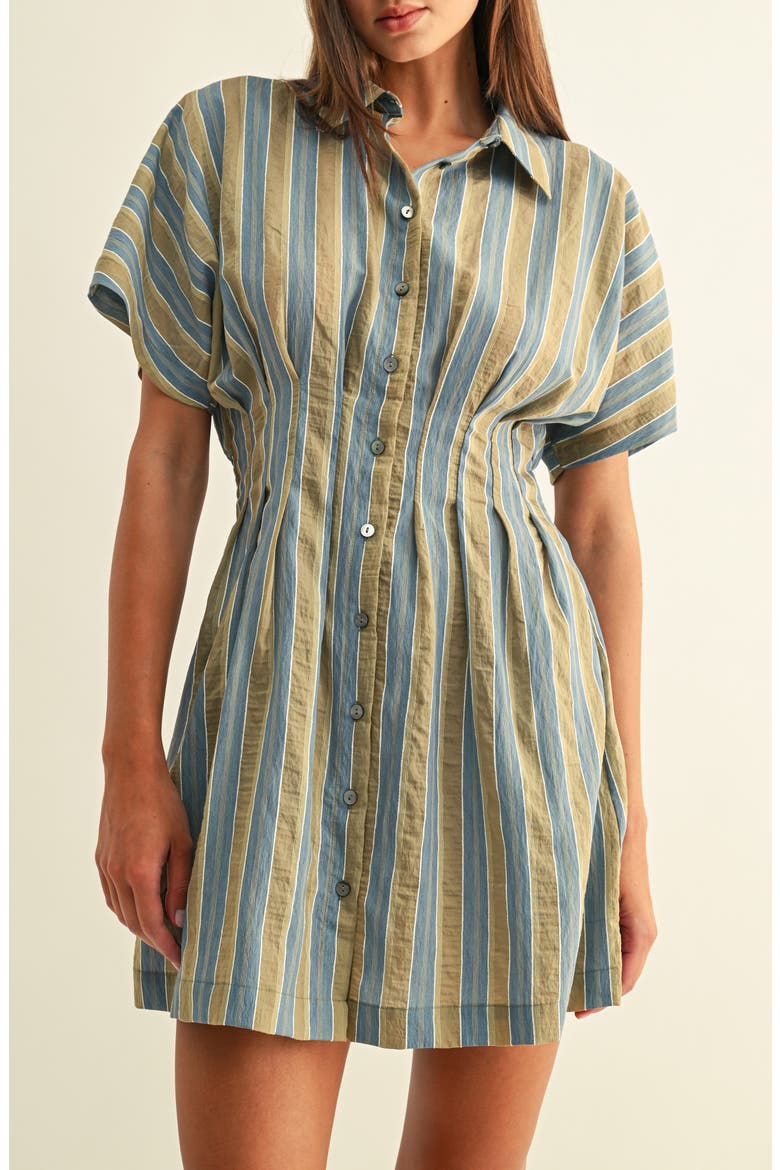 Dominique Stripe Pleat Mini Shirtdress, Alternate, color, BLUE/ OLIVE