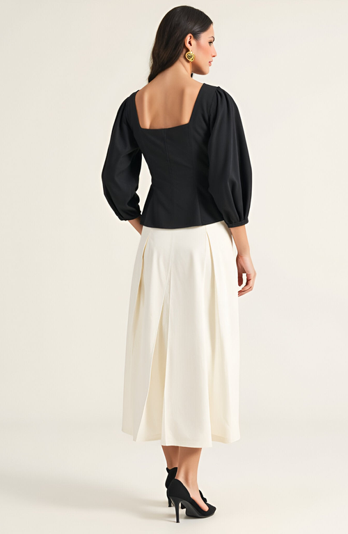 Modenaire Square Neck Long Sleeve Front Button Peplum Blouse In Black