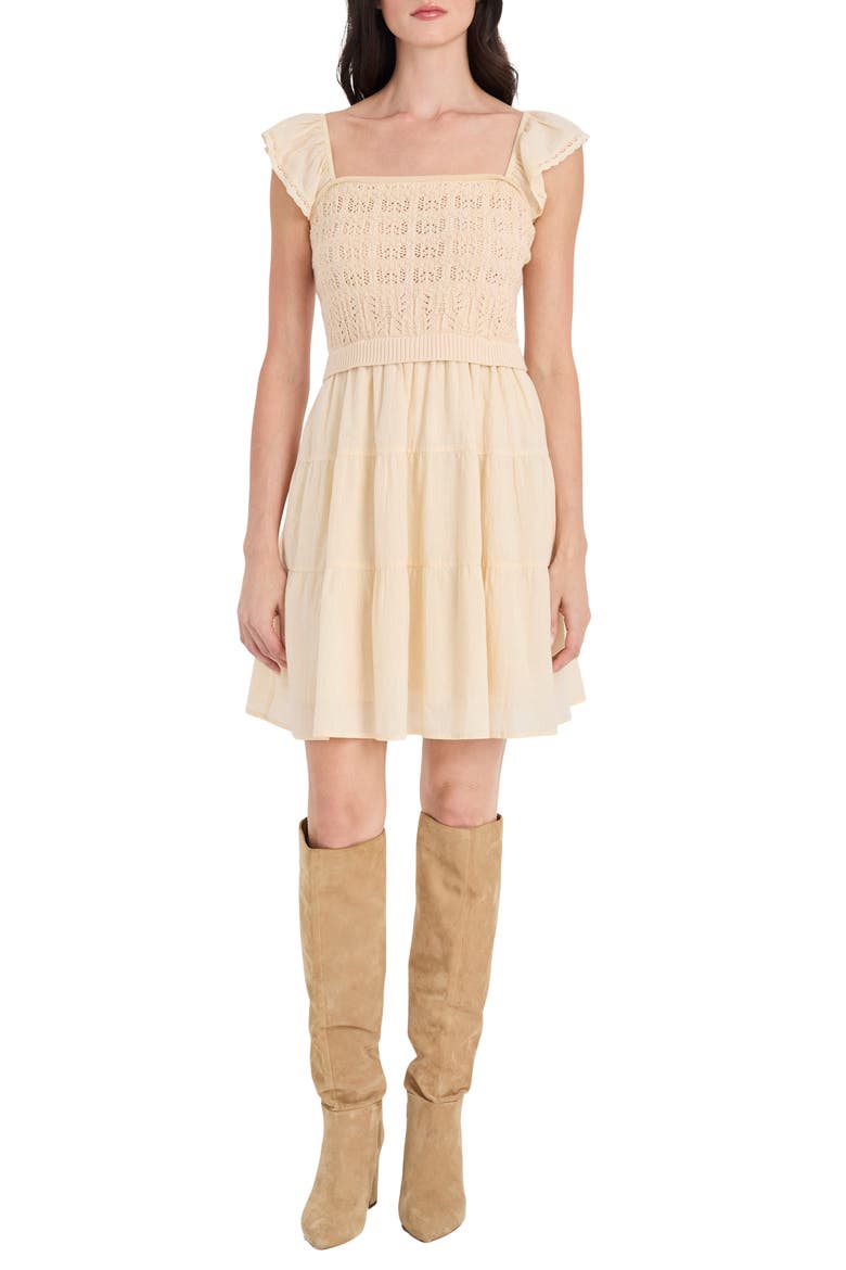 Flutter Sleeve Mixed Media Cotton Minidress, Main, color, CREAM