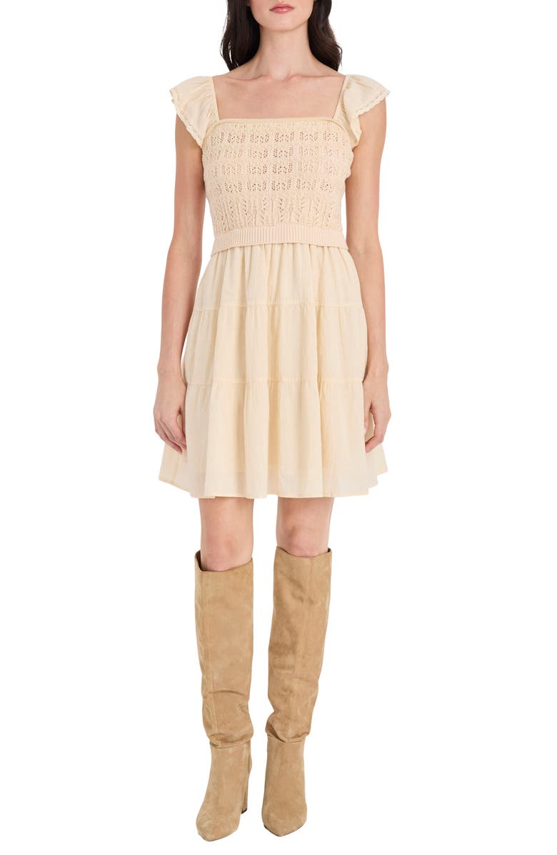 The Good Journey Flutter Sleeve Mixed Media Cotton Minidress, Main, color, Cream