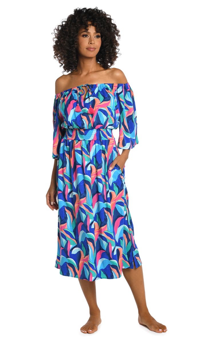 La Blanca Painted Off the Shoulder Cover-Up Dress, Alternate, color, 