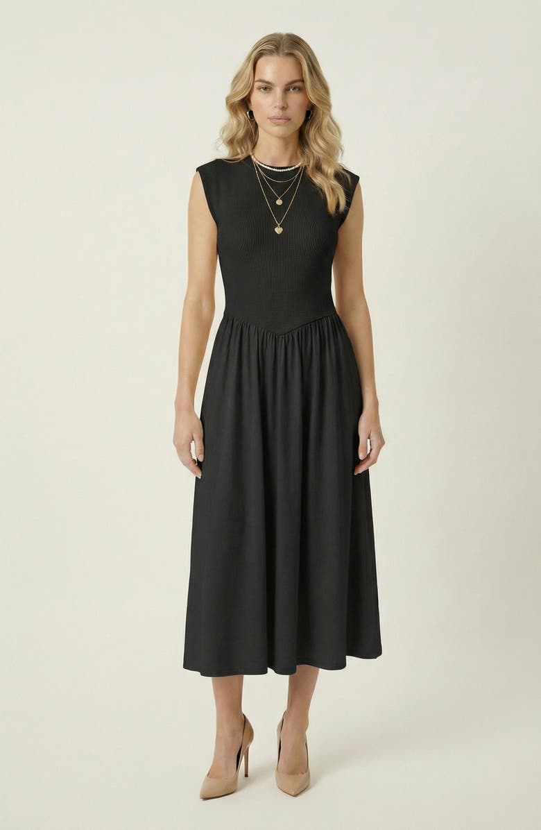 Modenaire Cap Sleeve Fitted Gathered Midi Dress, Main, color, Black