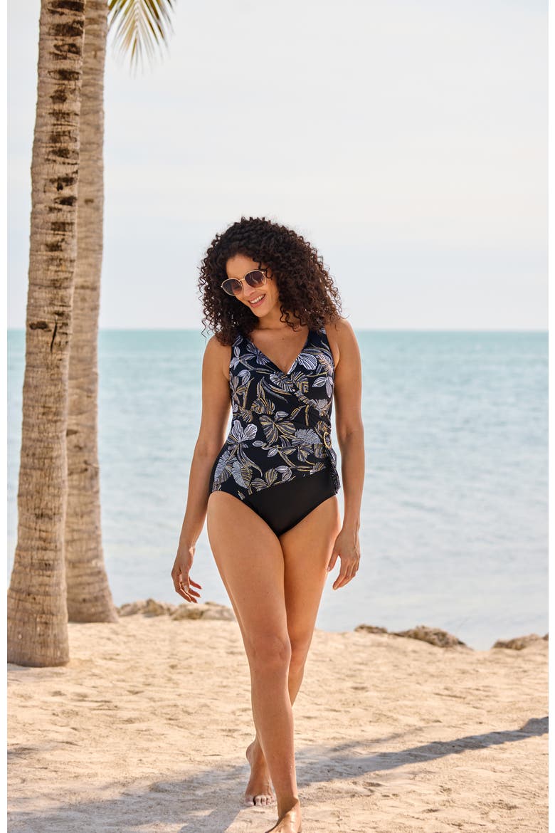 Buckle Shirred Surplice Long Torso One-Piece Swimsuit, Alternate, color, Gilded Garden