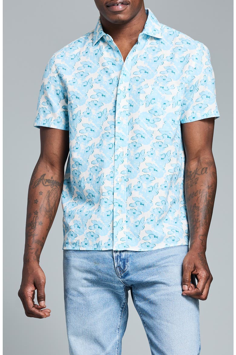 Painted Floral Short Sleeve Cotton Ripstop Button-Up Shirt, Main, color, SKY BLUE MULTI