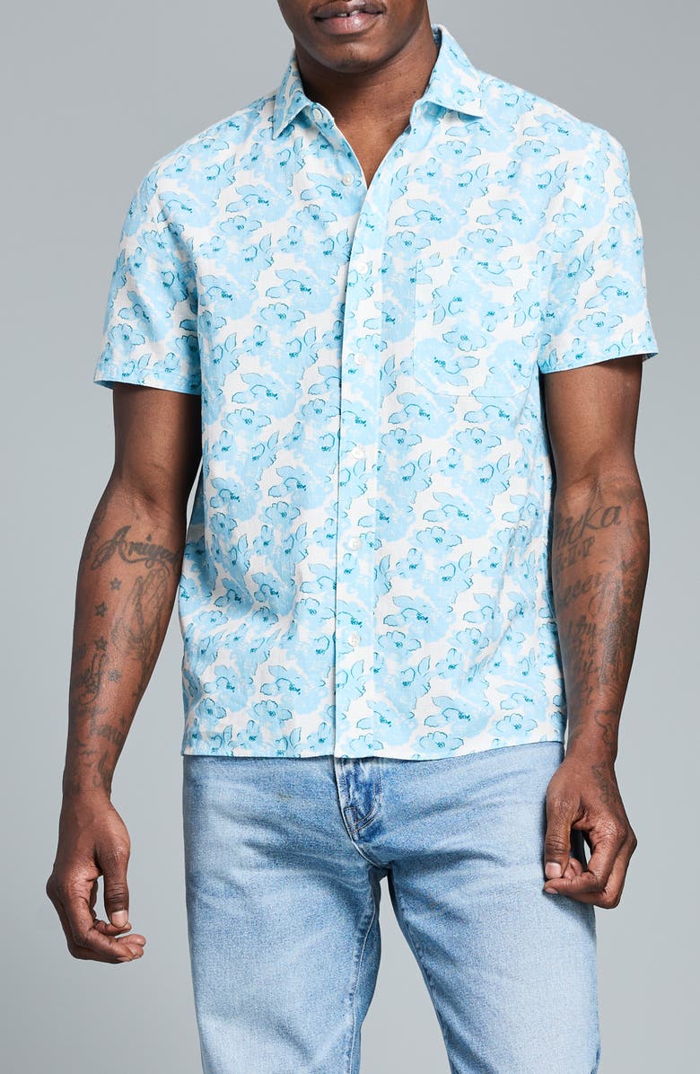 Billy Reid Painted Floral Short Sleeve Cotton Ripstop Button-Up Shirt, Main, color, Sky Blue Multi
