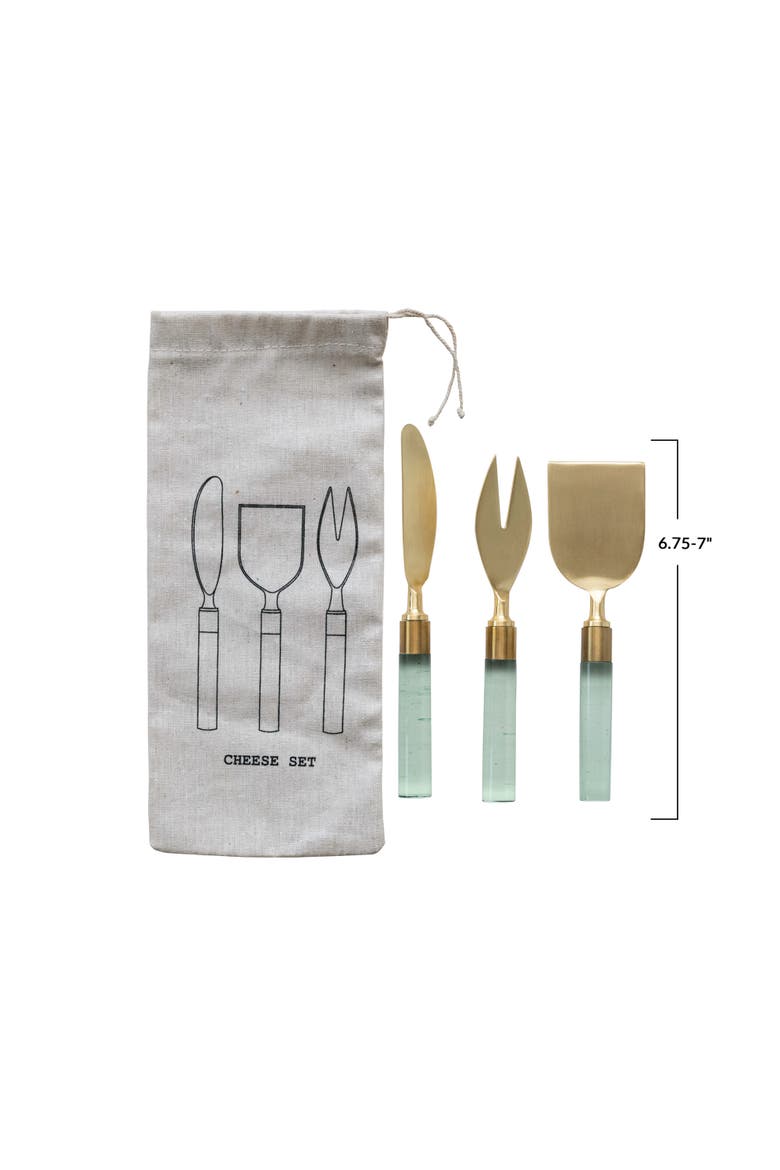 7 Inches Stainless Steel Cheese Utensils with Resin Handles and Printed Drawstring Bag, Brass Finish and Green, Alternate, color, Green