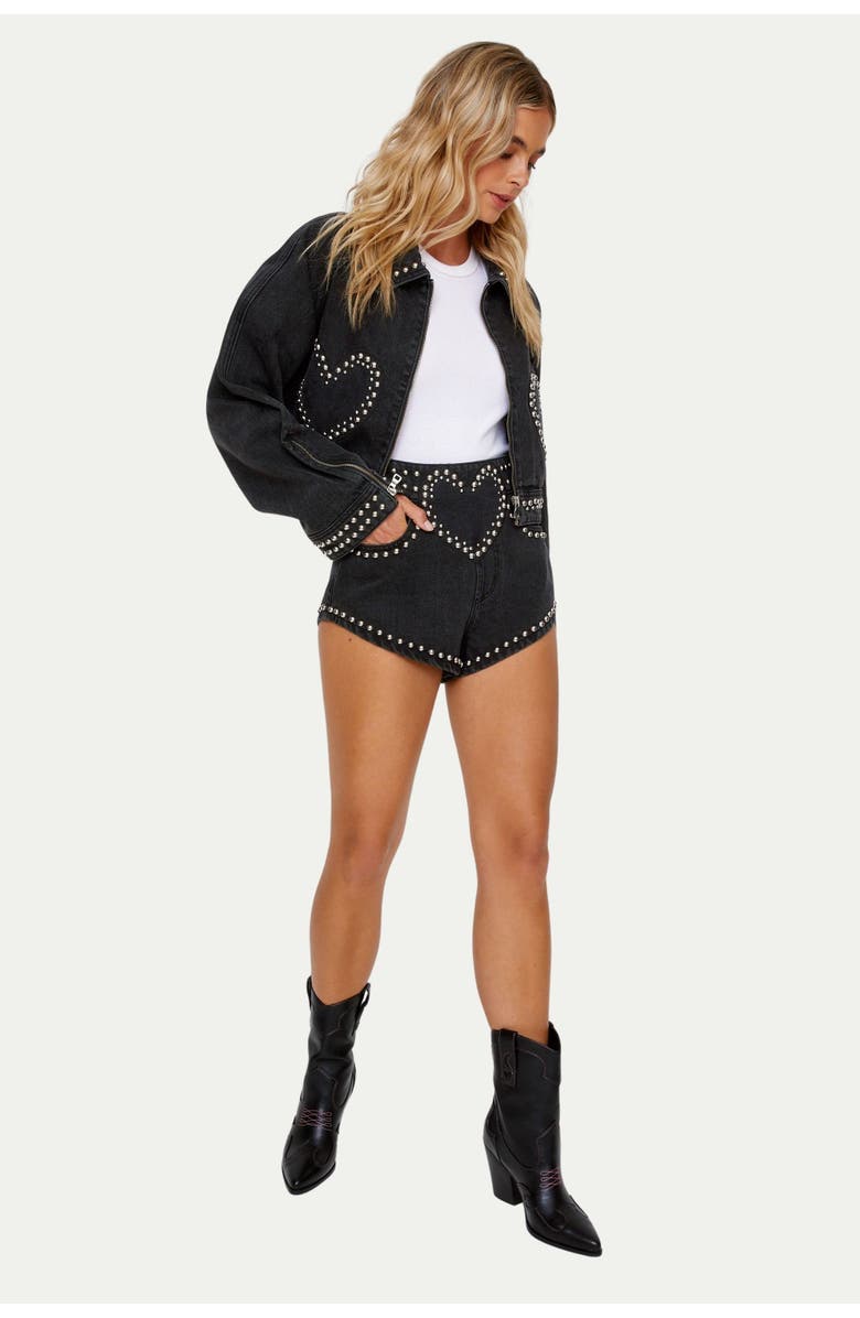 NASTY GAL Heart Studded Cropped Denim Jacket, Main, color, Washed Black